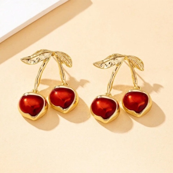 ✨NEW Cherry Drop Earrings in Gold and Red - Picture 2 of 5